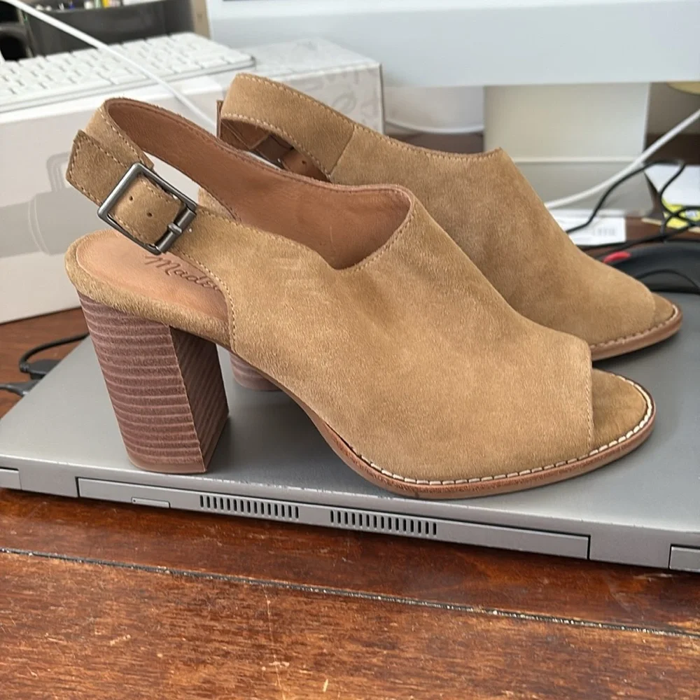Madewell Suede Slingback Cary Block Tan Peep Toe Heels Sz 8 - Picture 14 of 15